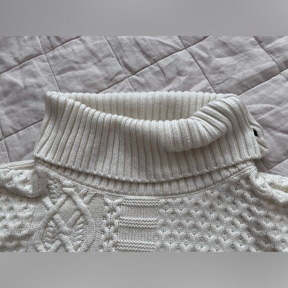 Talbots Cream Patchwork Cableknit Lambswool Blend Mock/ Turtle Neck Poncho-Large - Picture 3 of 10